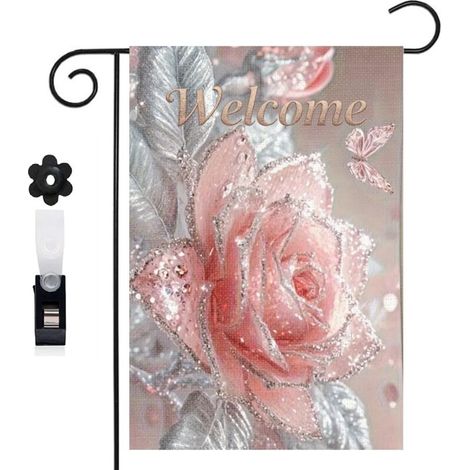Drapeau de jardin rose rose pailletée et Welcome 30 x 45 cm décoration extérieure jardin (1/5)