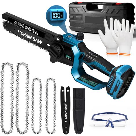 Pro Mini Tronçonneuse à Batterie 8 / 6 Pouces 28000RPM 900W Brushless électrique Sans Fil Portable, 4 Chaînes, pour Jardinage, Elagueurs, Coupes à Bois, Compat. Makita 18V
