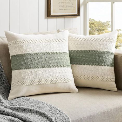 Housse Coussin 40x40 Vert Sauge Bohème Texturée à Rayures Tissées Décoratives Moderne Boho Housse de Coussin Canapé pour Maison Salon Chambre Décoration Lot de 2 (1/5)