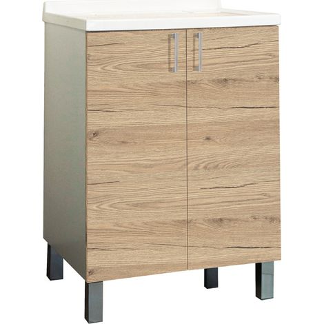 Mobile Lavatoio in legno Quercia Naturale a 2 ante con vasca in metacrilato 60x50 cm (1/3)