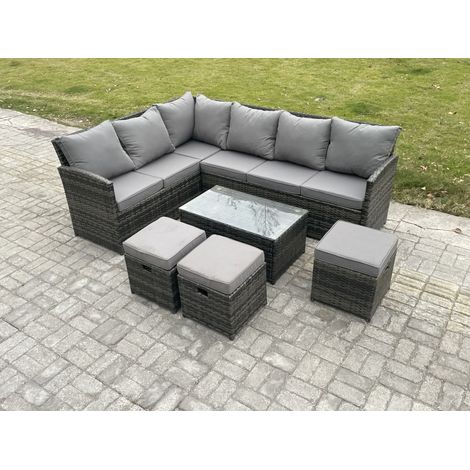 Fimous Rattan Lounge Corner Sofa Set Wicker PE Outdoor Garden Furniture Set with Rectangular Coffee Table 3 Small Footstools Dark Grey Mixed