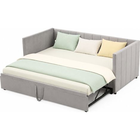 Canapé-lit extensible 90 x 200 cm avec lit gigogne 180 x 200 cm, velours gris, deux sommiers à lattes, tête de lit et accoudoirs, pour chambre ou invité - CHICFURN (1/5)