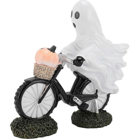 Statuette fantôme de cycliste avec citrouille, figurine en résine, ornement de vélo pour décoration de Noël sur un bureau