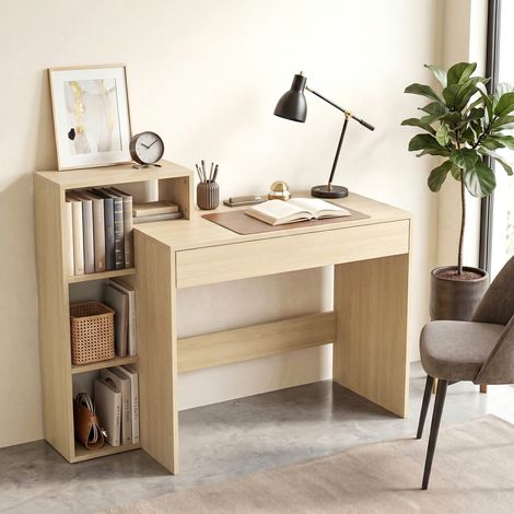 Scrivania PC Moderna con 3 Ripiani Aperti e Cassetto, in Legno, Color Legno, 100x40x90 cm (1/5)