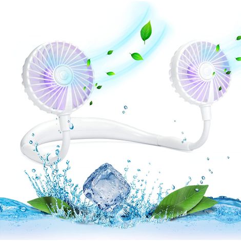 Ventilateur de Cou Rechargeable USB, Rotation 360° et Lumière LED,Blanc (1/5)