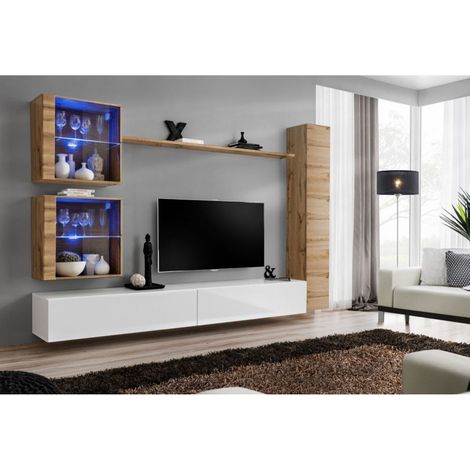 Ensemble mural - Switch XVIII - 2 vitrines LED - 1 vitrine verticale - 2 bancs TV - 1 étagère - Bois et blanc - Modèle 1 - Livraison gratuite