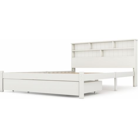 Letto matrimoniale 140x200 cm bianco con cassetti, rete a doghe e testiera a ripiani HOMVRA (1/5)