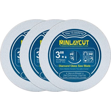 Lot de 3 disques de coupe diamant pour verre - 75 mm - Lames de scie pour couper le verre, le cristal de jade, les bouteilles de vin - Pour mini meuleuse d'angle avec tige de 9,5 mm (1/5)