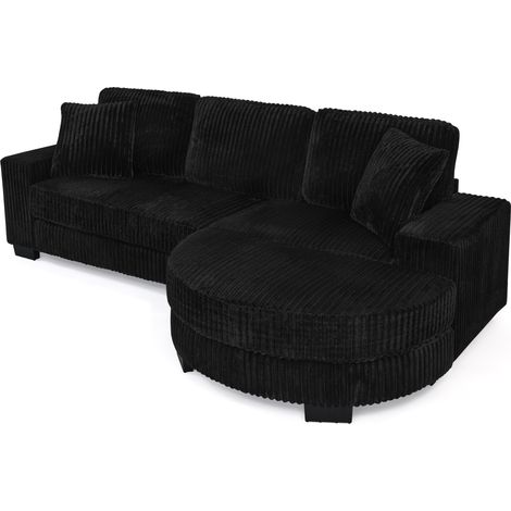 Canapé d'angle en L 4 places avec dossier modulable, revêtement en velours côtelé, tissu noir, design avec ottomane ovale amovible (1/5)