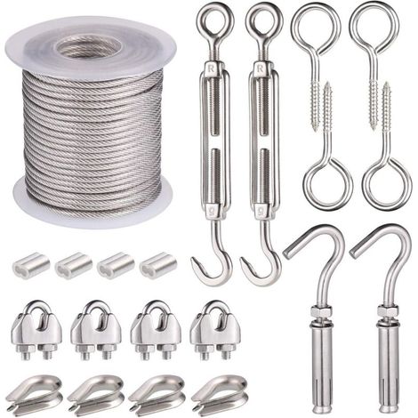 21Pcs Kit de Crochets de Câble Métallique, Crochets et Tendeurs de Câble Métallique PVC, Cable en Aicer Inoxydable, Câble de Jardin Support pour Plantes Grimpantes Pergola Wisteria, Susprendre Photo