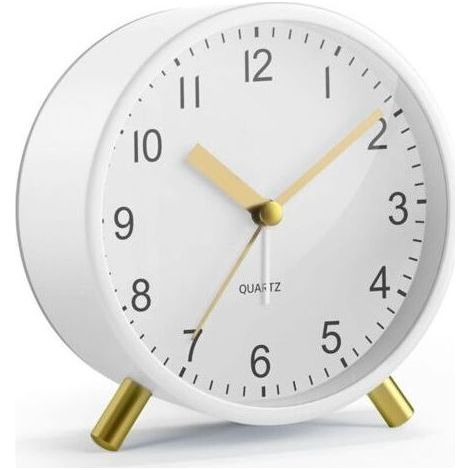 Lautloser analoger Wecker ohne Ticken, klassischer Metall-Nachttischwecker mit Nachtlicht und großem Display, batteriebetriebener Wecker für Schlafzimmer, Kinder, Senioren (weiß) (1/4)