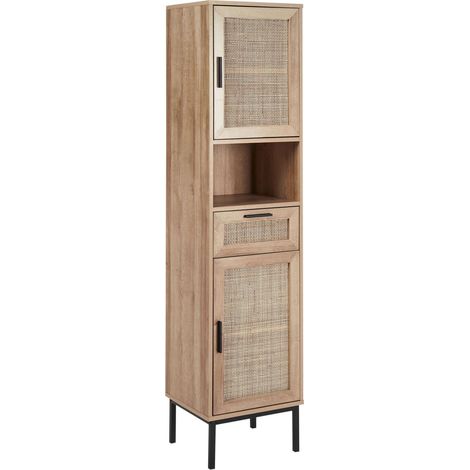 Beliani – Armoire à pharmacie 40 x 165 cm – Façade tressée en rotin – Meuble de salle de bain avec 2 portes et 1 tiroir – Panneau de particules - BOHO 40 X (1/5)