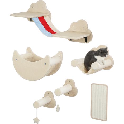 6-teiliges, wandmontiertes Katzenkletterset mit Hängematten, Plattformen, Brett, Kratzbaum, Leitern und Sternen, Beige