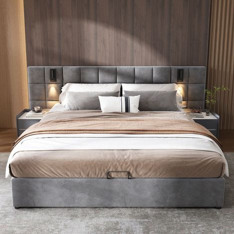 Lit de rangement hydraulique 160200 cm, avec lumière directionnelle et chargeur USB, sans tête de lit, velours, gris (1/5)