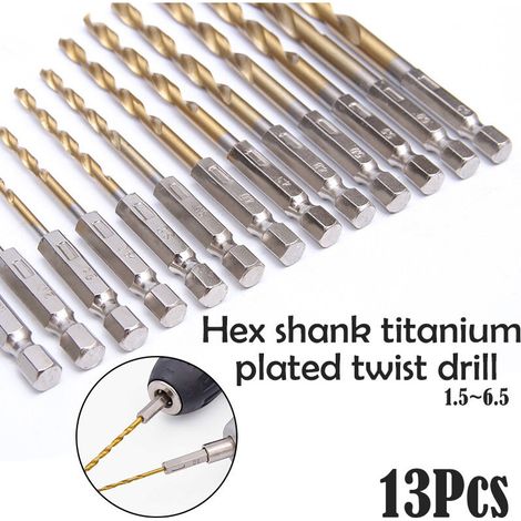 Juego de 13 brocas hexagonales HSS revestidas de titanio de 1,5 mm a 6,5 mm, cambio rápido para madera y plástico (1/4)