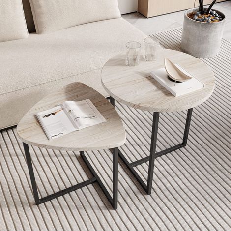 Juego de 2 mesas de centro redondas, diseño industrial, tablero efecto madera, metal, blanco roble americano (1/5)