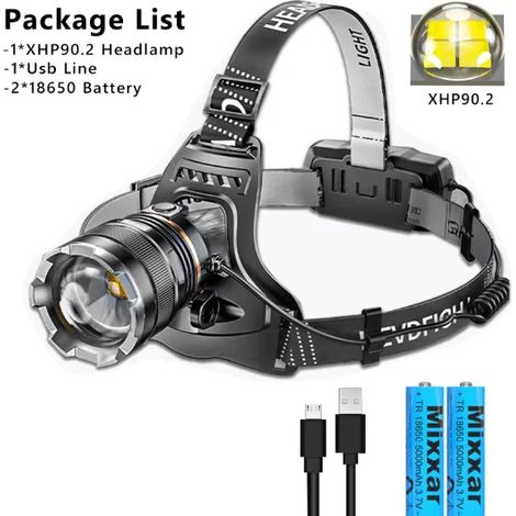 (B-XHP90.2-FR) Lampe frontale améliorée 30 000 lm avec capteur, lampe de pêche XHP90, lampe torche rechargeable USB avec batterie 18650. (1/5)