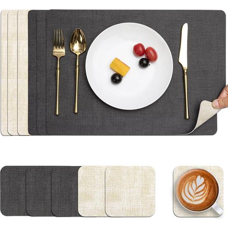 Tischsets abwaschbar Kunstleder rutschfest 6er Grau Cremeweiß 6er Set (1/5)
