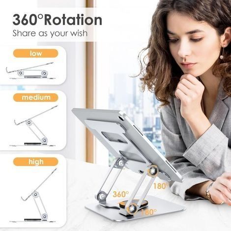 iPad-Ständer, 360° drehbarer Tablet-Ständer, faltbarer Monitorständer aus Aluminium für den Schreibtisch, kompatibel mit iPad Pro 10.5, 11, 13, Air Mini 2, 3, 4, 5, 6 und Samsung Tab (4–13 Zoll). (1/4)