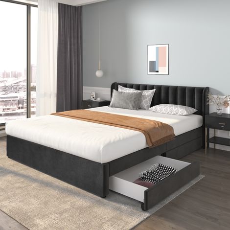 MEUBLIV Lit 180x200 cm noir – tête de lit, 2 tiroirs, sommier à lattes, sans matelas (1/5)