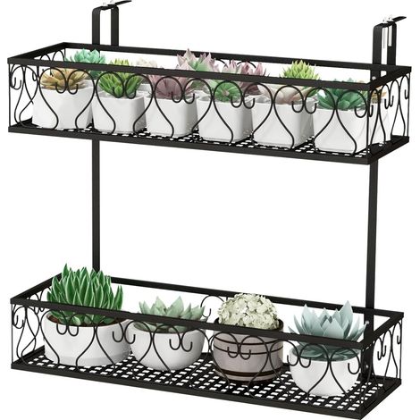 COSTWAY Porta Piante a 2 Livelli, Portavasi da Appender con Ganci Regolabili da 5,5-12,5 cm, Porta Fiori in Metallo da Esterno per Balcone e Recinto, Carico Massimo 30kg, Nero