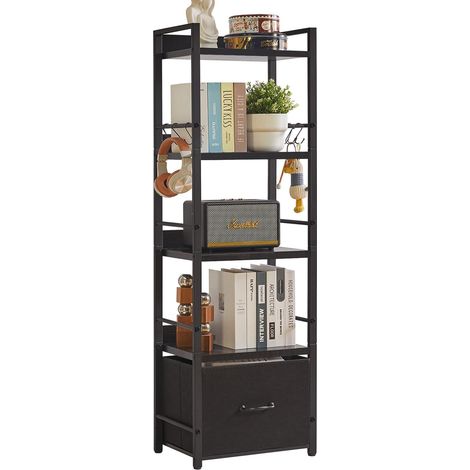Bibliothèque à 5 Niveaux avec Tiroir en Tissu, Étagère Échelle Industrielle, Bibliothèque Haute et Étroite avec Étagères pour Chambre à Coucher, Salon, Noir (1/5)