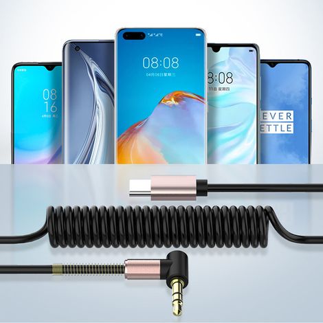 2PCs Adaptateur Audio USB-C vers Jack 3.5mm avec Câble Télescopique pour Voiture, Noir