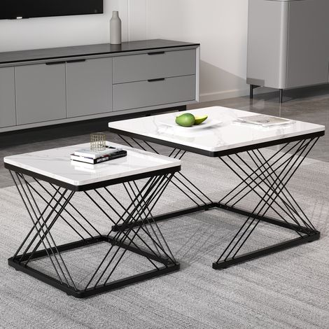 Mesas Bajas Gigonadas Modernas, 2 Piezas, Tablero Brillante Efecto Mármol, Patas Regulables, para Salón, MDF, Negro y Blanco (1/5)
