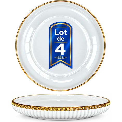 Assiettes Plates 26 cm Céramique Blanche, Assiettes Creuses Design Nordique avec Liseré Doré et Relief Cannelé, pour Brunch, Dessert, Pâtes, Salade, Fêtes et Art de la Table (1/2)