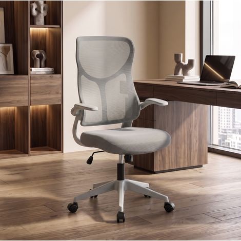 MODFU – Silla de oficina gris con respaldo de malla, reposabrazos abatibles, basculante, giro 360° y carga 120 kg – Gris (1/5)