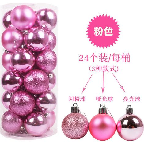 Seau en plastique pour emballage de Noël, boules de Noël brillantes électroplaquées, boules décoratives de Noël, boules en plastique mat, cadeaux de Noël en gros, rose, 6 cm (24 boules par paquet)