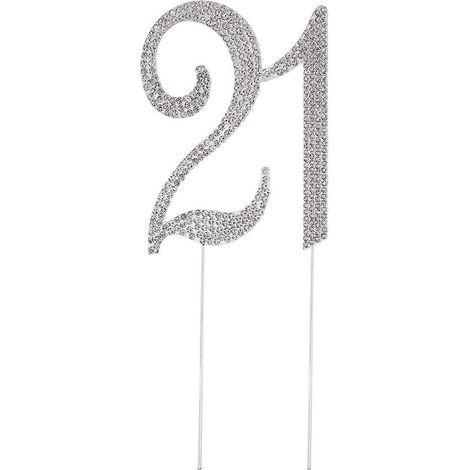 Décoration de gâteau « 21 » pour un 21e anniversaire ou un anniversaire de mariage, ornée de strass en cristal (argenté).-Silver