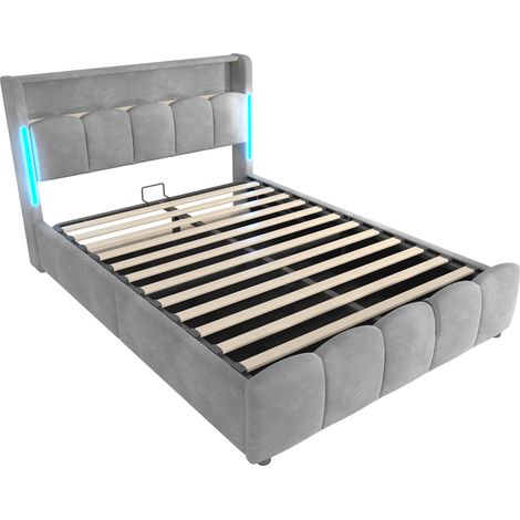 Letto capitonné 140 x 200 cm con contenitore, LED, porte USB e USB-C, velluto grigio, HOMVRA (1/5)