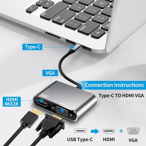 Adaptateur USB C vers HDMI VGA, convertisseur USB de type C Thunderbolt 3 vers VGA HDMI 4K pour MacBook Pro/Air 2020 2019, iMac, Dell XPS 13/15, Surface Go, Galaxy S20 (1/2)