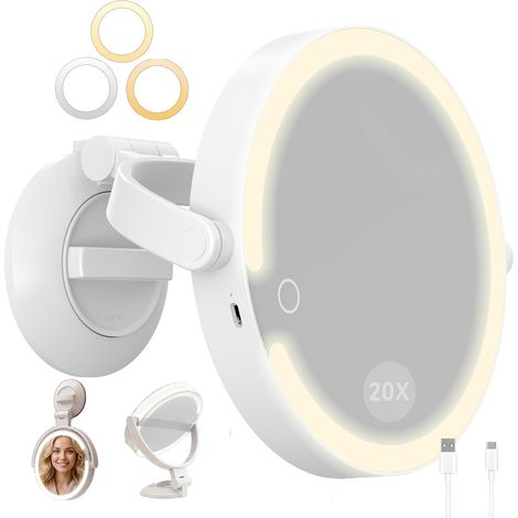 Miroir de Maquillage Lumineux Grossissant 1/20X avec Ventouse Forte Ajustable 360° - LEDs Éclairage 3 Modes Tactile Rechargeable 2000mAh - Double Face pour Salle de Bain et Voyage (1/5)