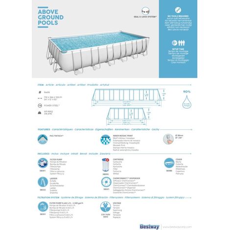 Bestway Piscine hors sol - Rectangulaire - Power Steel - Gris clair - 732 x 366 x 132 cm