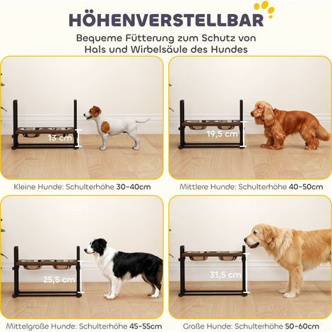 Support pour gamelles chien réglable en hauteur avec 4 coupelles inclinables, 2 bols inox de 1,2 L, 3 positions d'angle, marron (1/4)