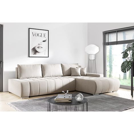 Tendencio – Canapé d'angle convertible 265x185 cm – Coffre de rangement – Assise en mousse T30 – Dossier en mousse T25 – Tissu 100% polyester (Beige)