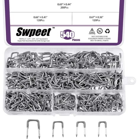 Lot de 540 agrafes isolées en U de 5 tailles 0,9 cm, 1 cm, 1,1 cm, 1,4 cm, différentes tailles d'agrafes de câble en métal, pour la fixation de fils de bois, câbles (1/5)