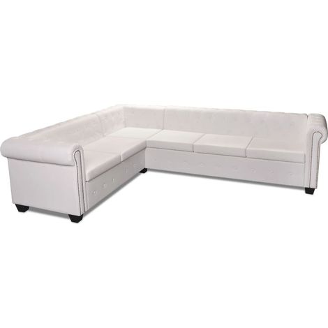 Divano angolare Chesterfield a 6 posti in similpelle bianca 020019677