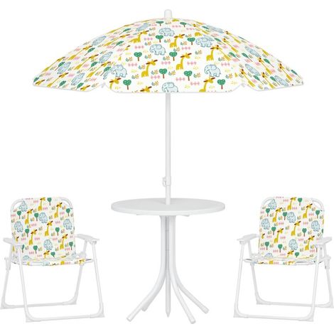 Ensemble salon de jardin extérieur enfant 4 pièces, motif éléphant et girafe, parasol réglable Ø 100 cm, chaise pliable (1/5)