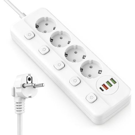 Multiprise avec Interrupteur, 4 Prises Multiprise avec USB et Type-C, Prise avec Interrupteur avec 2 m Rallonge, Sécurité Enfant, Idéale pour la Maison et Bureau(Blanc) (1/5)