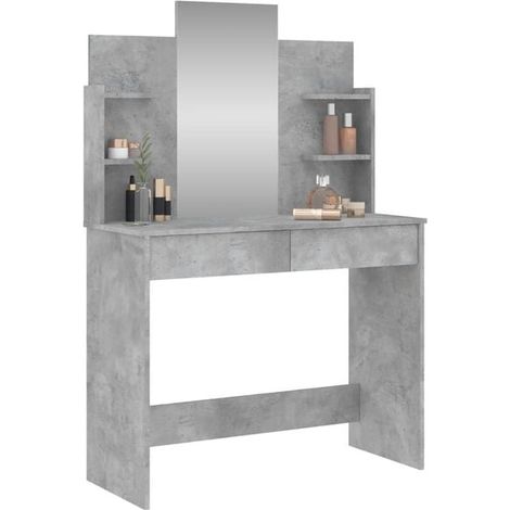 Coiffeuse avec Miroir, Meuble de Toilette en Bois Couleur Béton Gris, 96x39x142 cm, Grande Capacité de Rangement pour Chambre (1/5)