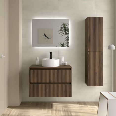 Mueble de Baño KIRA 80cm Nogal 2 cajones Lavabo sobre encimera 1 poza Porcelana (1/5)