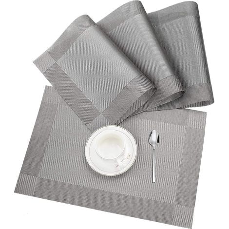 Sets de table, lot de 4 sets de table antidérapants et lavables en PVC, résistants à l'usure et à la chaleur, pour la maison, le restaurant et la table à manger, gris argenté, 45 x 30 cm