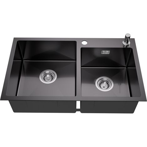 Auralum Évier 2 Bacs 75x45x19CM Évier à Encastrer en Inox avec Distributeur de savon et Ensemble de Drainage, Évier Cuisine Anthracite pour meuble de 80cm (1/5)