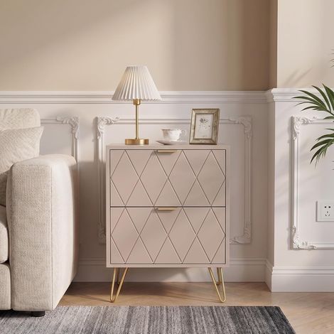 UEV Set di 2 Comodini con 2 Cassetti Motivo a Linee, Comodino Piccolo Moderno, Maniglie e Gambe in Oro Cromato, Tavolino per Camera da Letto, Soggiorno, 40x30x52cm,Beige Mocca (1/5)