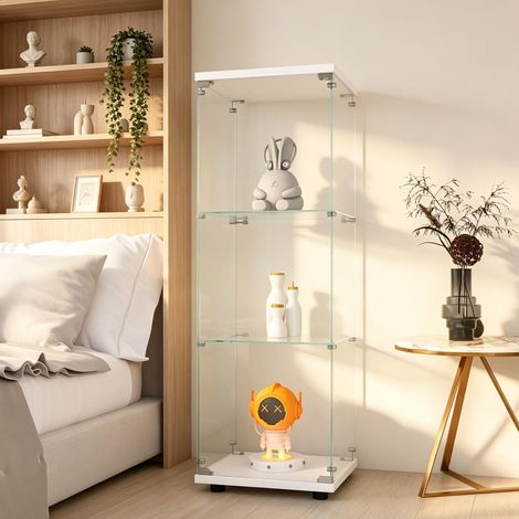 Vetrina a un'anta e tre ripiani in vetro - mobile contenitore autoportante - vetro temperato bianco - stile moderno - adatta per soggiorno, camera da letto o ufficio - montaggio rapido (1/5)