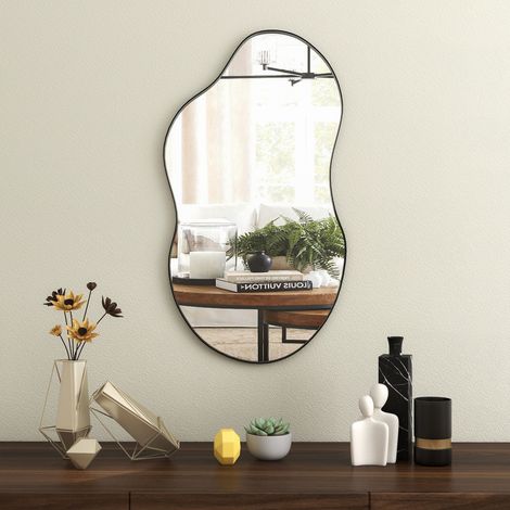 Modern Art Organic Wave Shaped Wall Mirror with Black Frame - Decorative Accent for Living Room & Entryway (1/5)