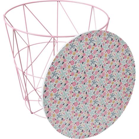 Mesa auxiliar de cesta met谩lica con tablero decorado con flores de caf茅.